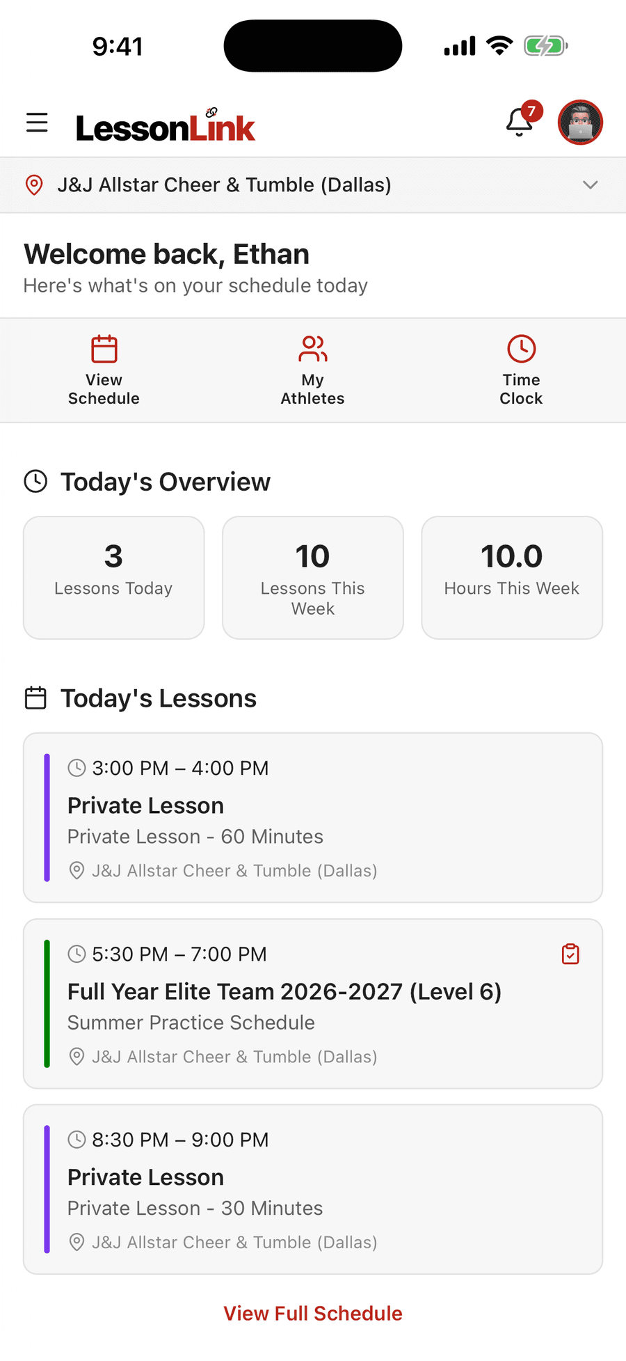 LessonLink Go coach home screen with today’s overview and today’s lessons
