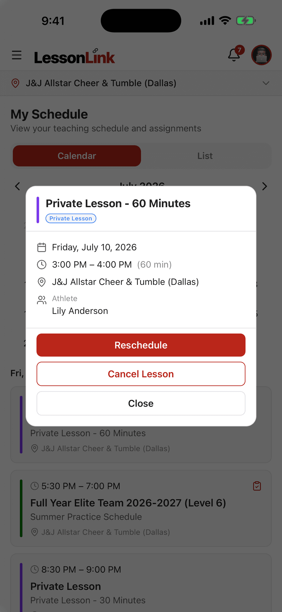 LessonLink Go private lesson detail with date, time, location, athlete, and Reschedule and Cancel Lesson buttons