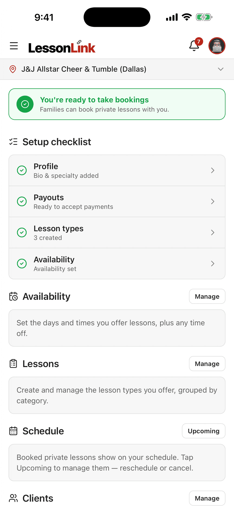 LessonLink Go coach private lessons hub showing a completed setup checklist for profile, payouts, lesson types, and availability