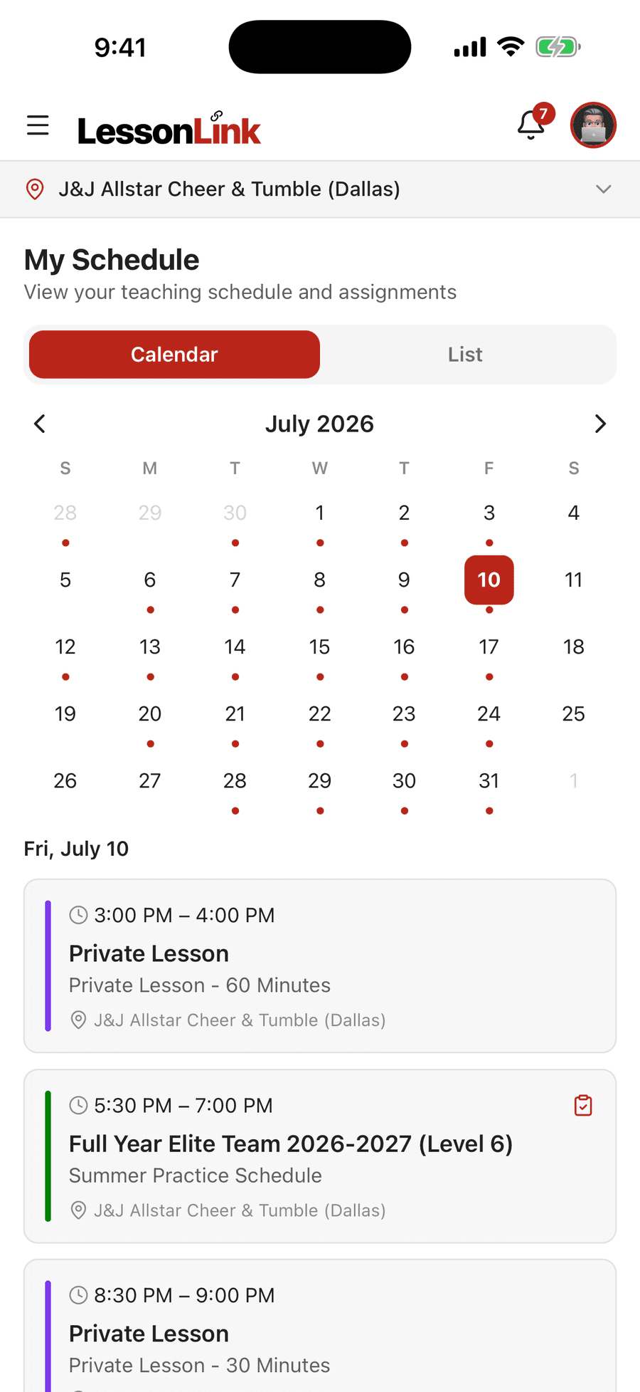 LessonLink Go coach schedule screen with a month calendar and the day’s private lessons and team practice