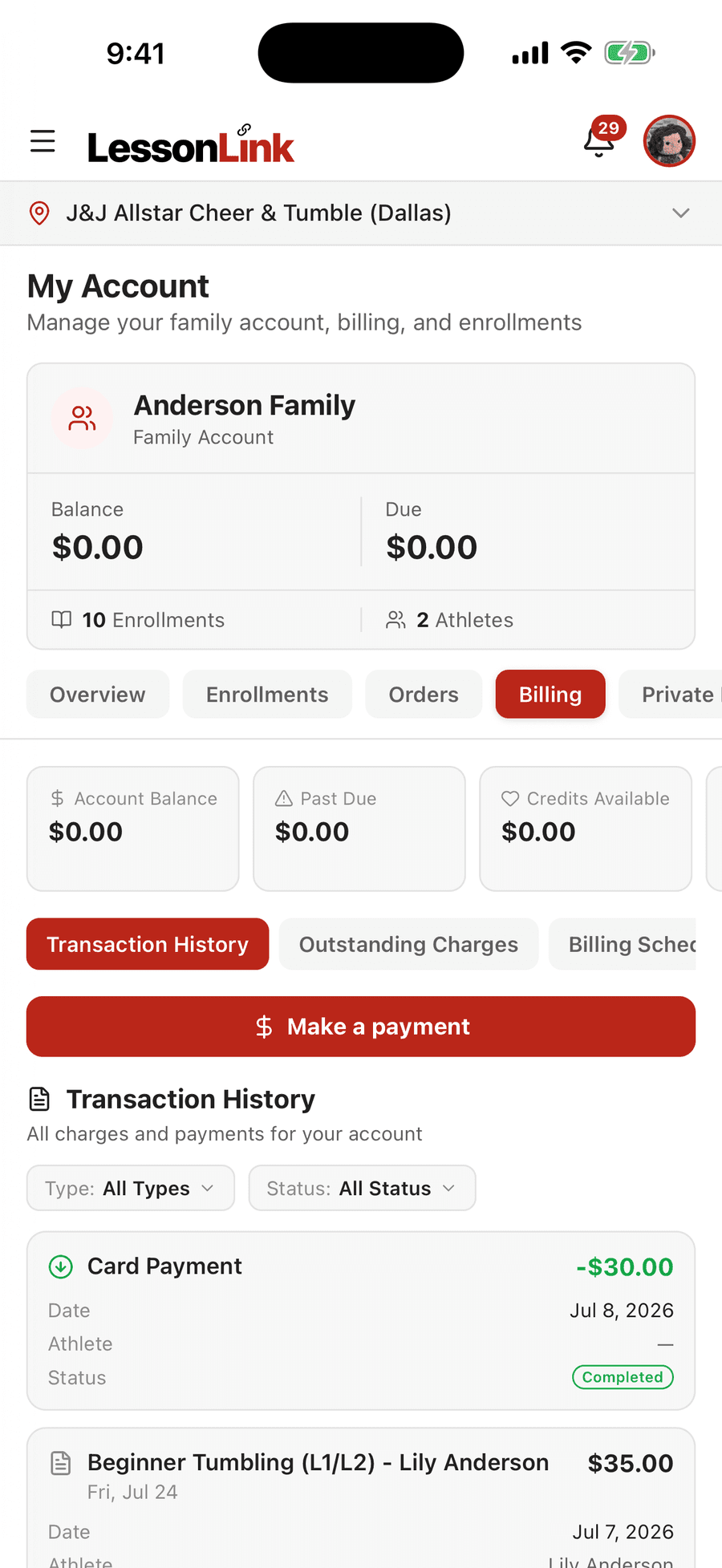 LessonLink Go family account billing screen showing balance, past due, credits, and transaction history