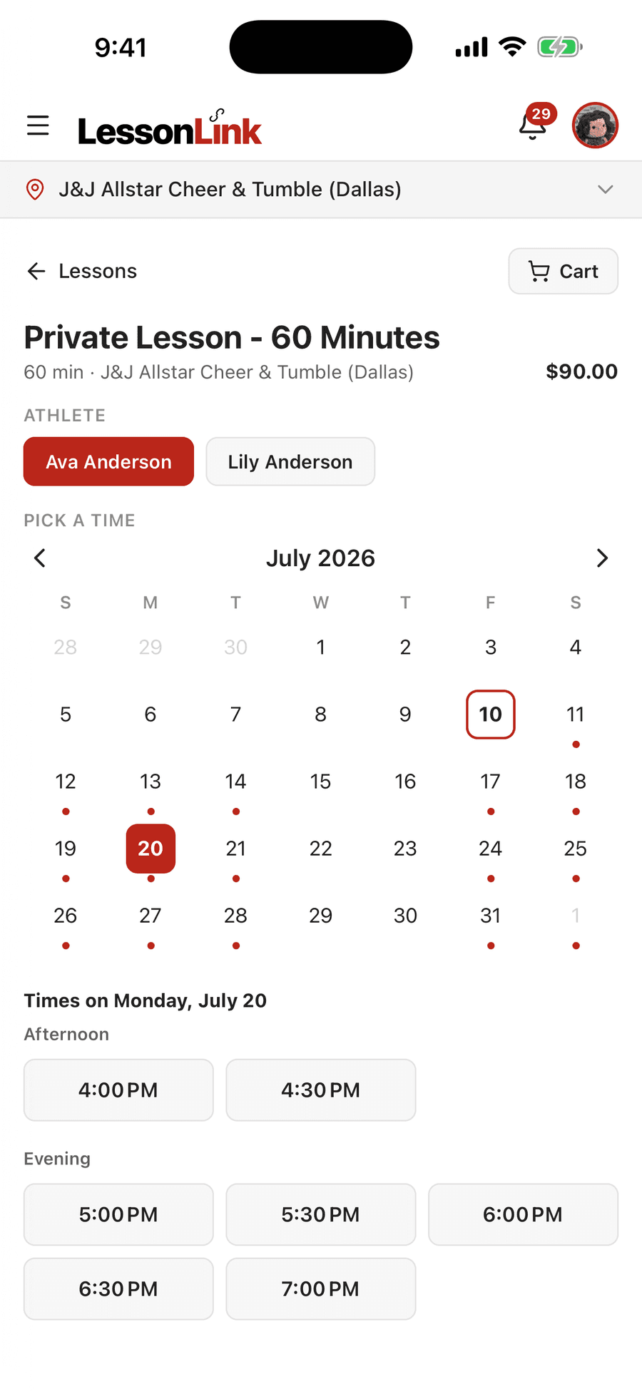 LessonLink Go private lesson booking screen with an athlete selected, a July calendar, and open afternoon and evening times