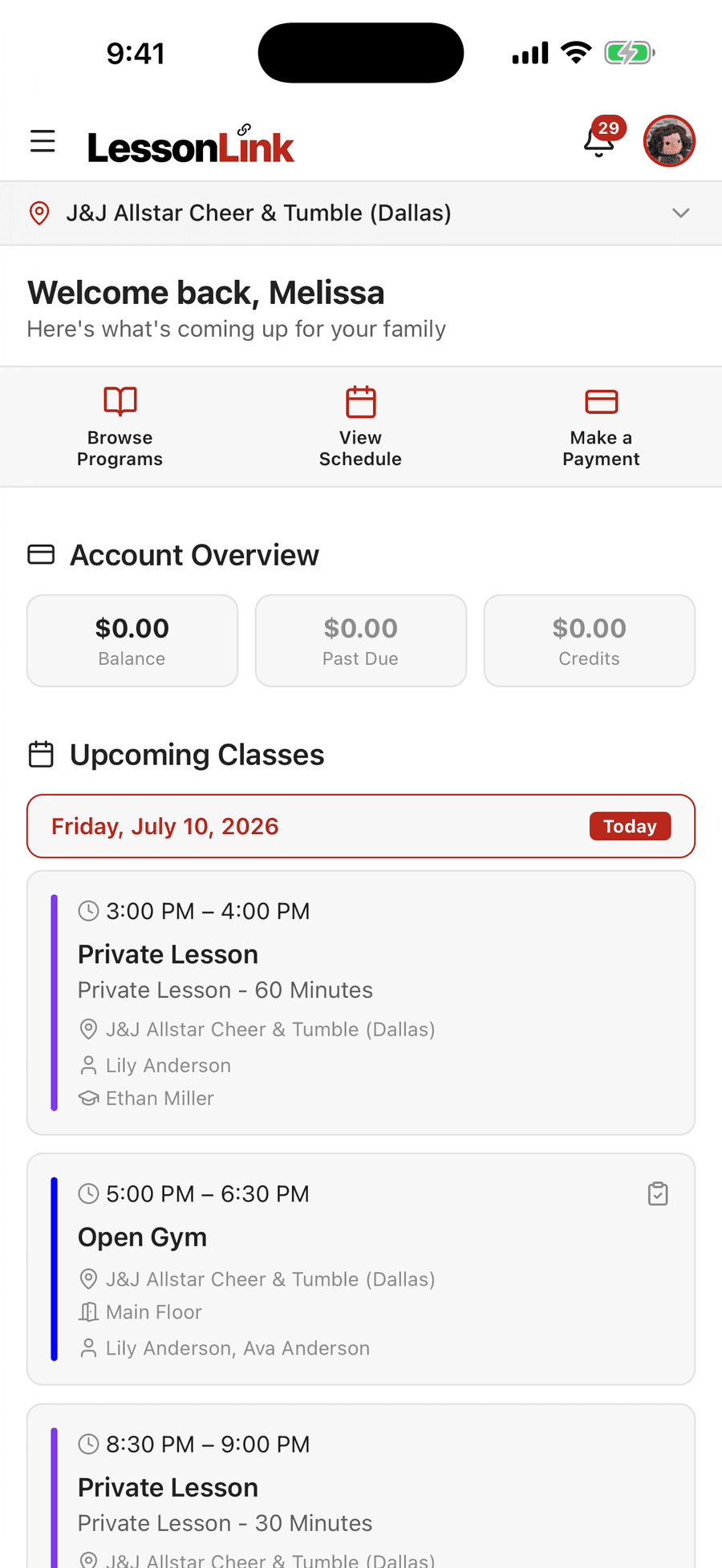 LessonLink Go family home screen with quick actions, account balance, and upcoming classes