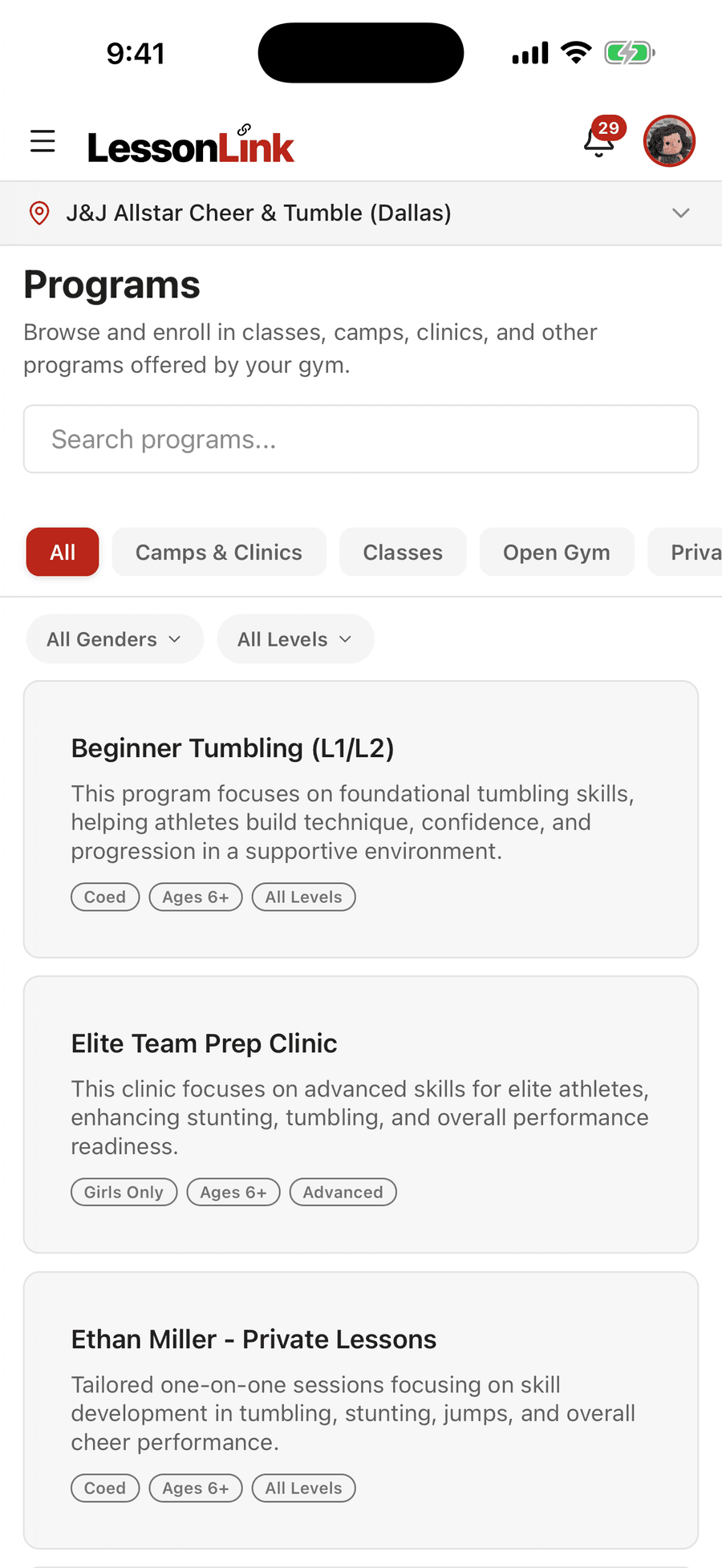 LessonLink Go Programs screen with search, category filters, and a list of tumbling classes and clinics